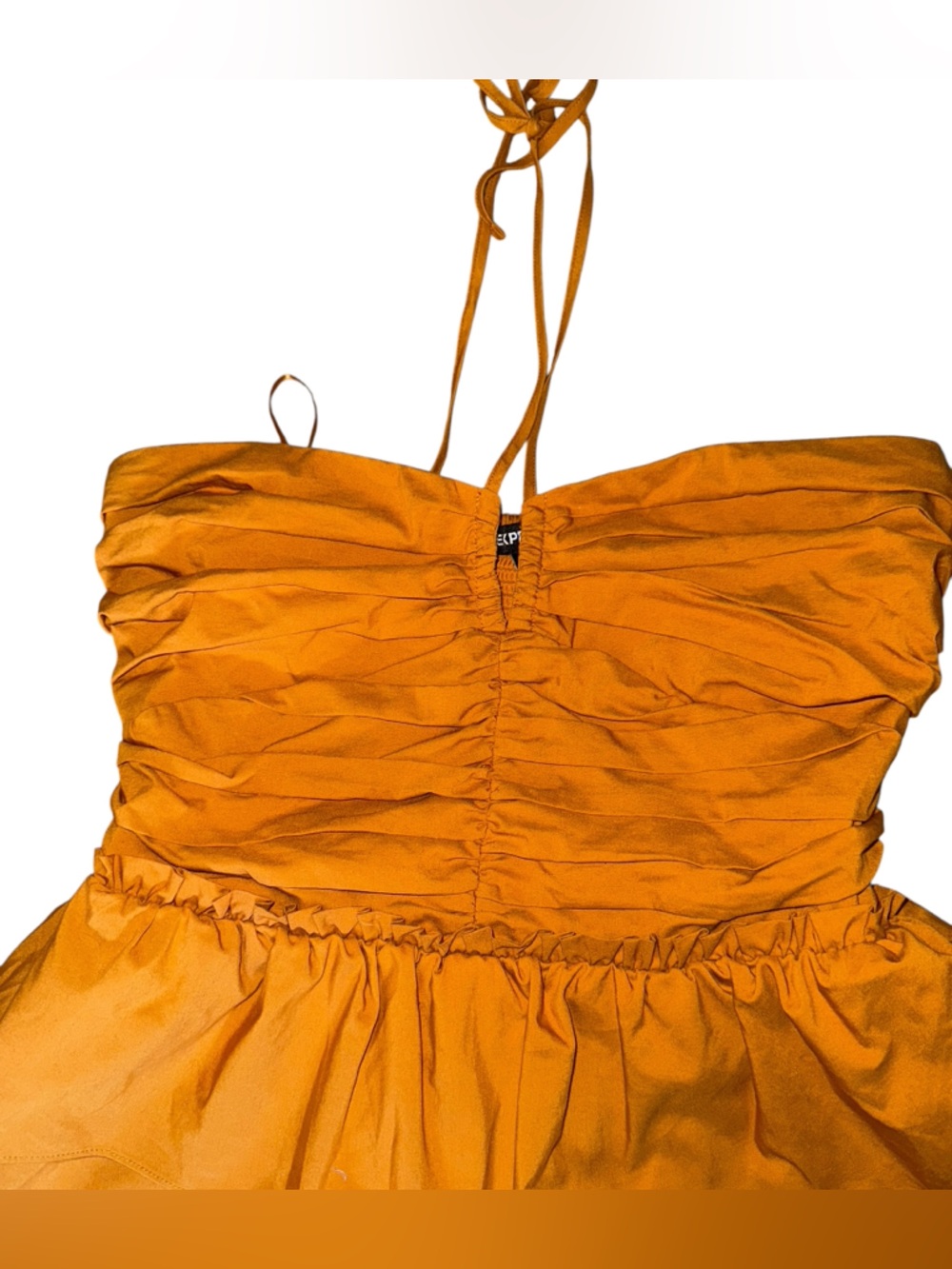 Express Mustard Strapless Ruched Peplum Mini Dress - Picture 6 of 6